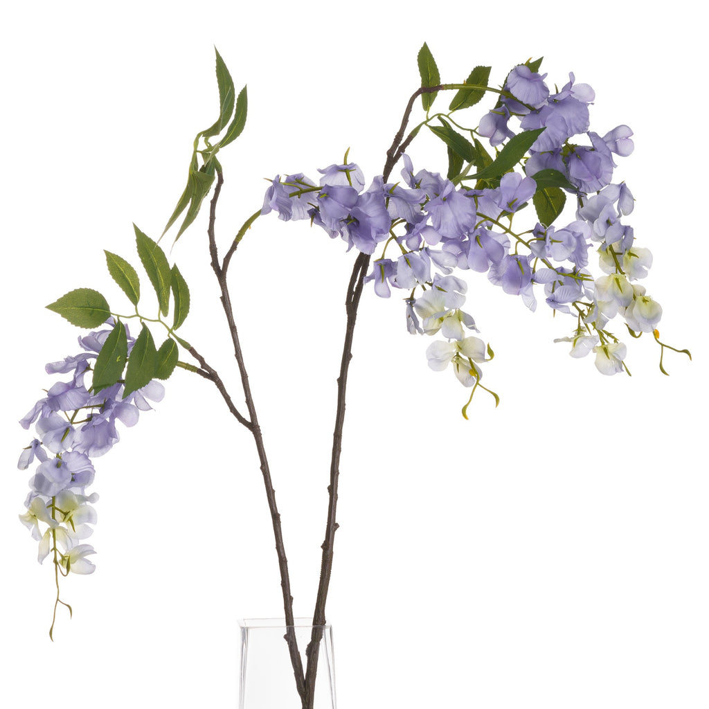 Branching brown stems with cascading lilac and creamy white flowers and green leaves, shown in a clear vase against a white background.