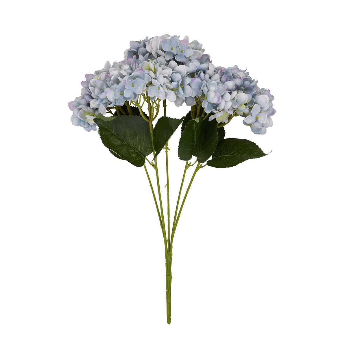 Lilac Petal artificial flower bouquet against white, showing rounded pale blue and lilac flower heads above broad dark-green leaves and grouped green stems.