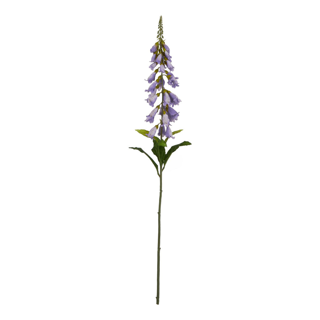 Full artificial flower stem with a tapering spike of lilac bells, green buds at the tip and elongated leaves below, against white.