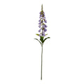 Full artificial flower stem with a tapering spike of lilac bells, green buds at the tip and elongated leaves below, against white.