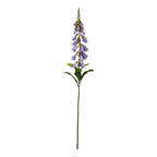 Full artificial flower stem with a tapering spike of lilac bells, green buds at the tip and elongated leaves below, against white.
