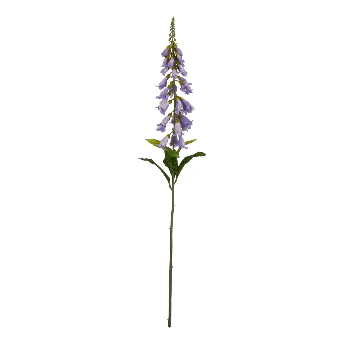 Full artificial flower stem with a tapering spike of lilac bells, green buds at the tip and elongated leaves below, against white.