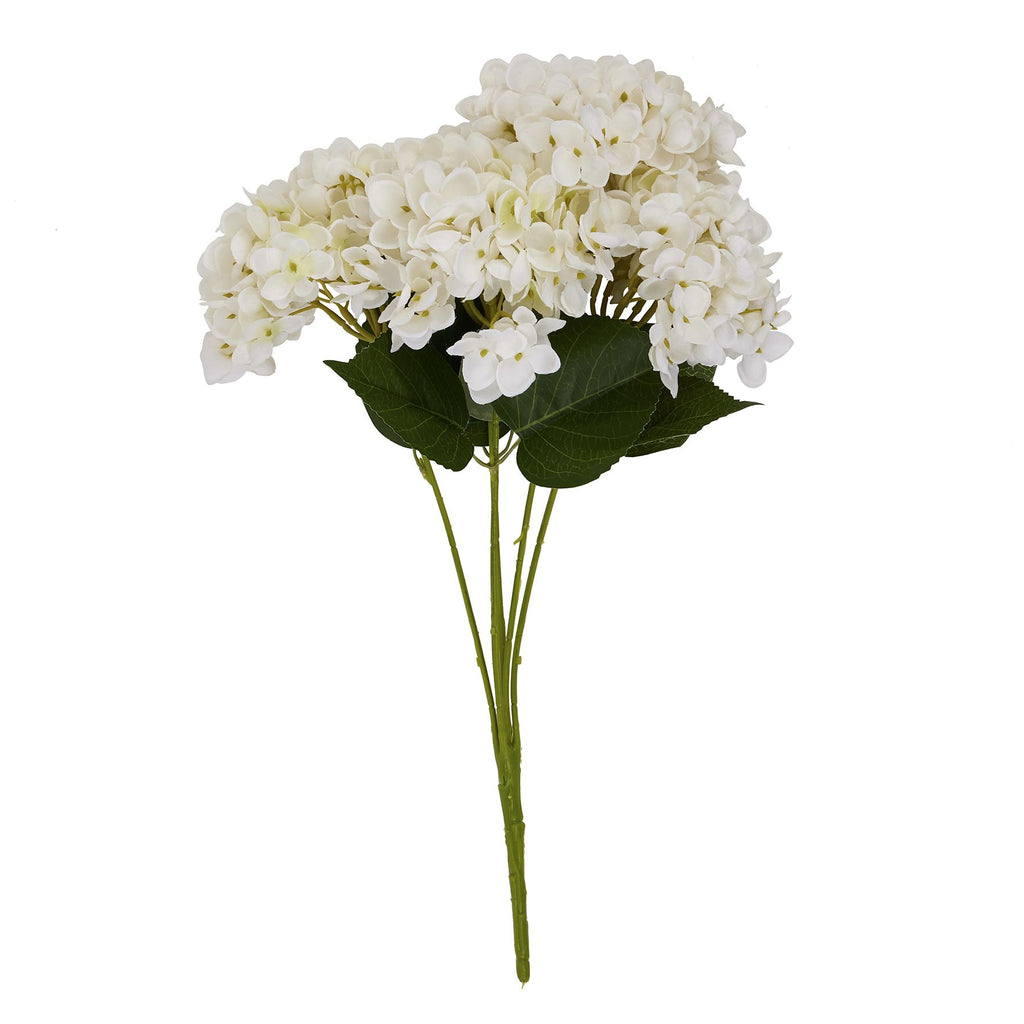 Limeheart Petal artificial bouquet against white, with rounded white flower clusters, broad dark-green leaves and gathered green stems.
