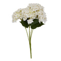 Limeheart Petal artificial bouquet against white, with rounded white flower clusters, broad dark-green leaves and gathered green stems.