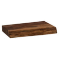 Angled view of a thick brown chopping board showing its rectangular top, straight left side and irregular textured front edge.