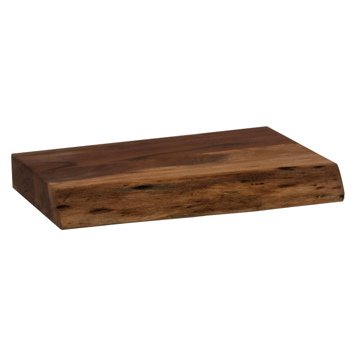 Angled view of a thick brown chopping board showing its rectangular top, straight left side and irregular textured front edge.