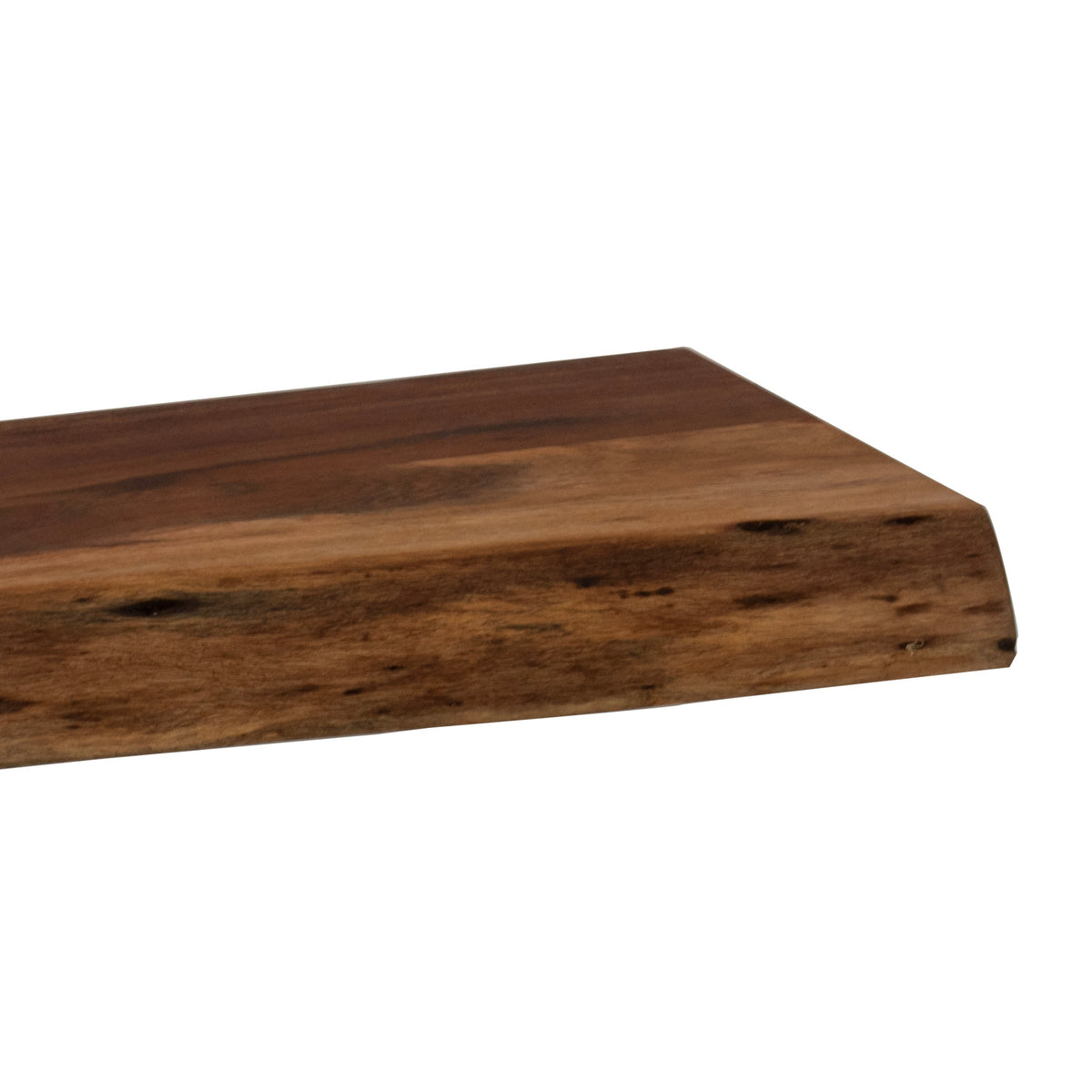 Close-up of the chopping board's right corner, with flowing brown grain across the top and dark markings along the live front edge.