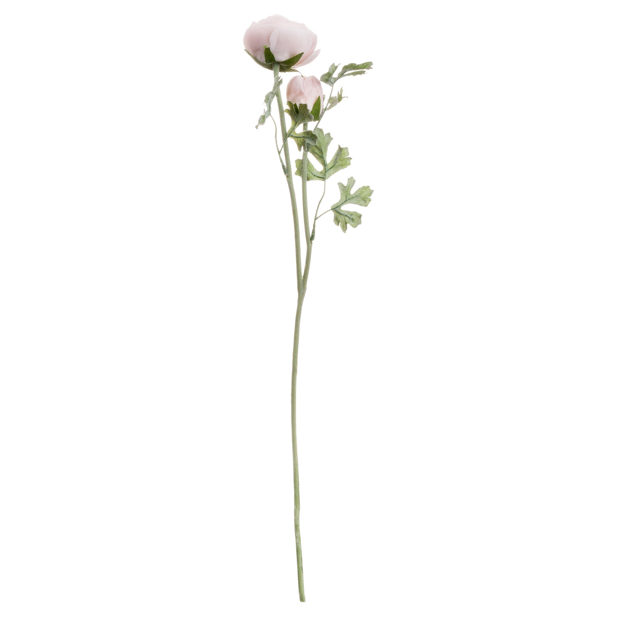 Pink artificial flower stem on a white background, with a large layered bloom, a smaller bud and lobed green leaves along branching stems.