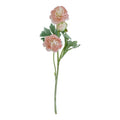 Full view of a branching green artificial flower stem with two rounded pink and cream blooms, a pale bud and lobed leaves against white.