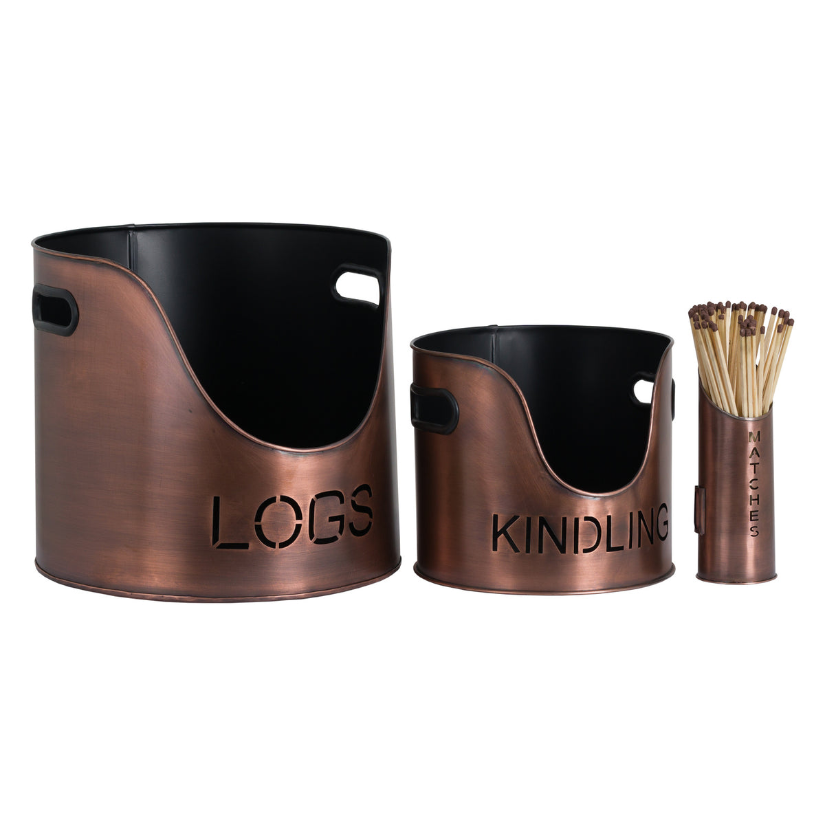 Aged copper-colour LOGS and KINDLING buckets with black interiors and handles, beside a MATCHES holder shown with matches.