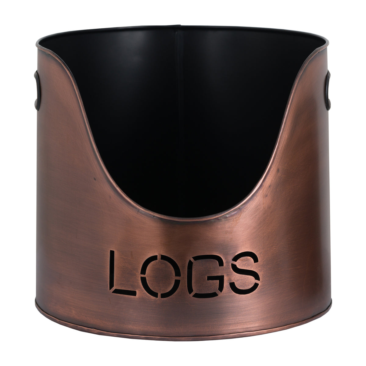 Front detail of the LOGS bucket showing its curved opening, black interior and bold lettering against an aged copper-colour finish.