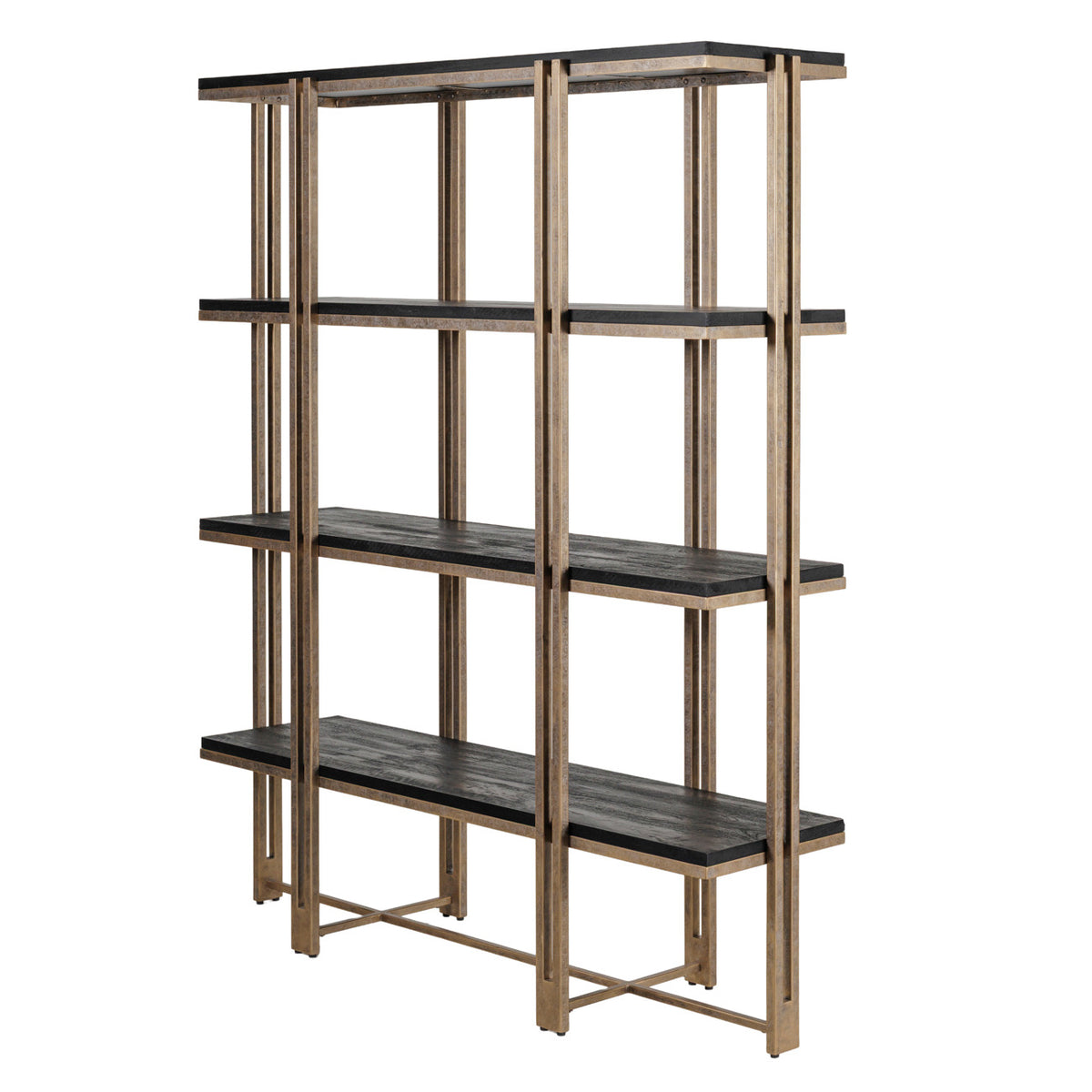 Angled view showing the shelving unit's shelf depth, textured black surfaces and gold lower cross-bracing.