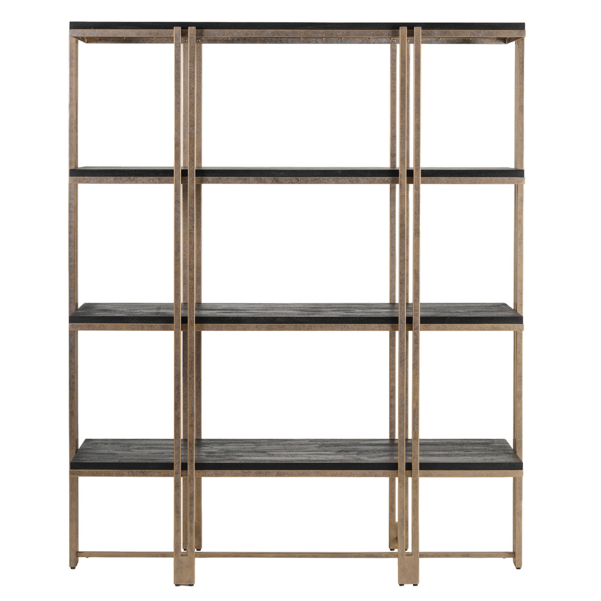 Front view of the Loggia shelving unit with black shelves, paired gold uprights and an open frame.
