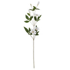Full view of the Longbud white artificial flower stem against a white background, with branching green foliage, open blooms and long closed buds.