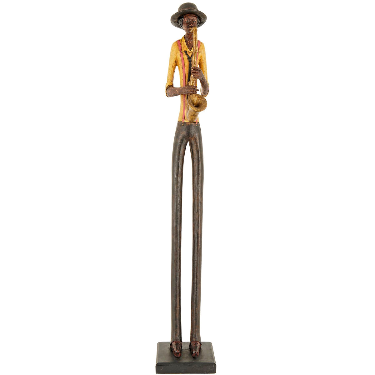 Standing saxophonist figurine with very long legs, a yellow shirt, reddish braces and a dark brimmed hat, on a rectangular plinth against white.
