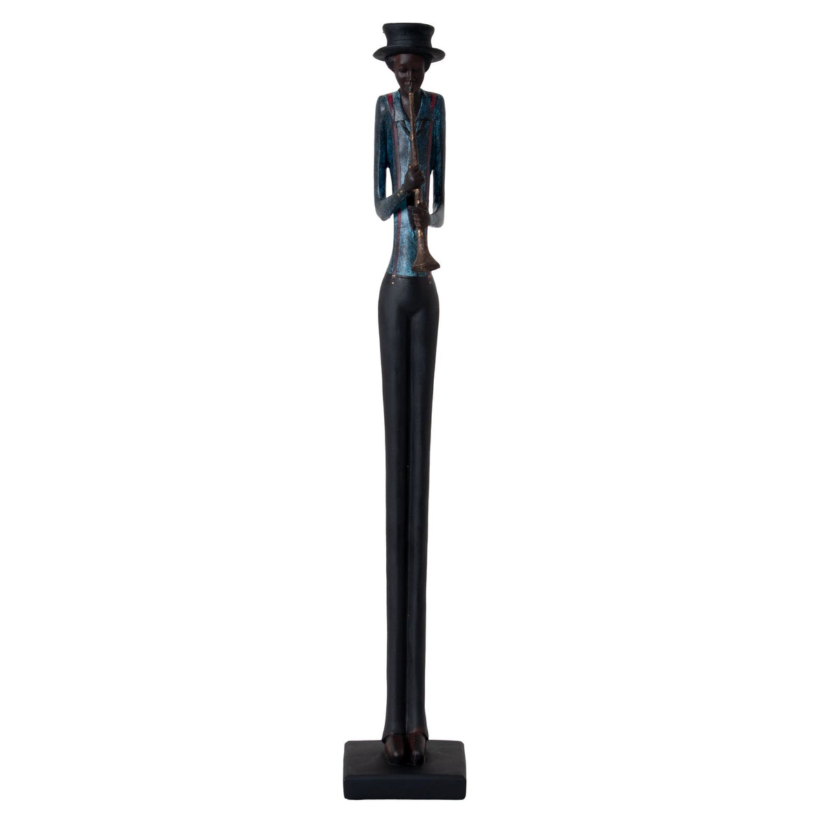 Full-length view of a slender musician figurine with a tall dark hat, blue shirt, reddish braces and long black legs, playing a straight wind instrument on a dark rectangular plinth.