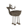 Three-quarter view of a pale, dark-speckled reindeer bowl with an empty rounded body, branching antlers, four long legs and rounded feet against a white background.