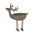 Pale, speckled reindeer-shaped bowl shown at an angle, with an empty rounded body, branching antlers, four long legs and a small round tail.