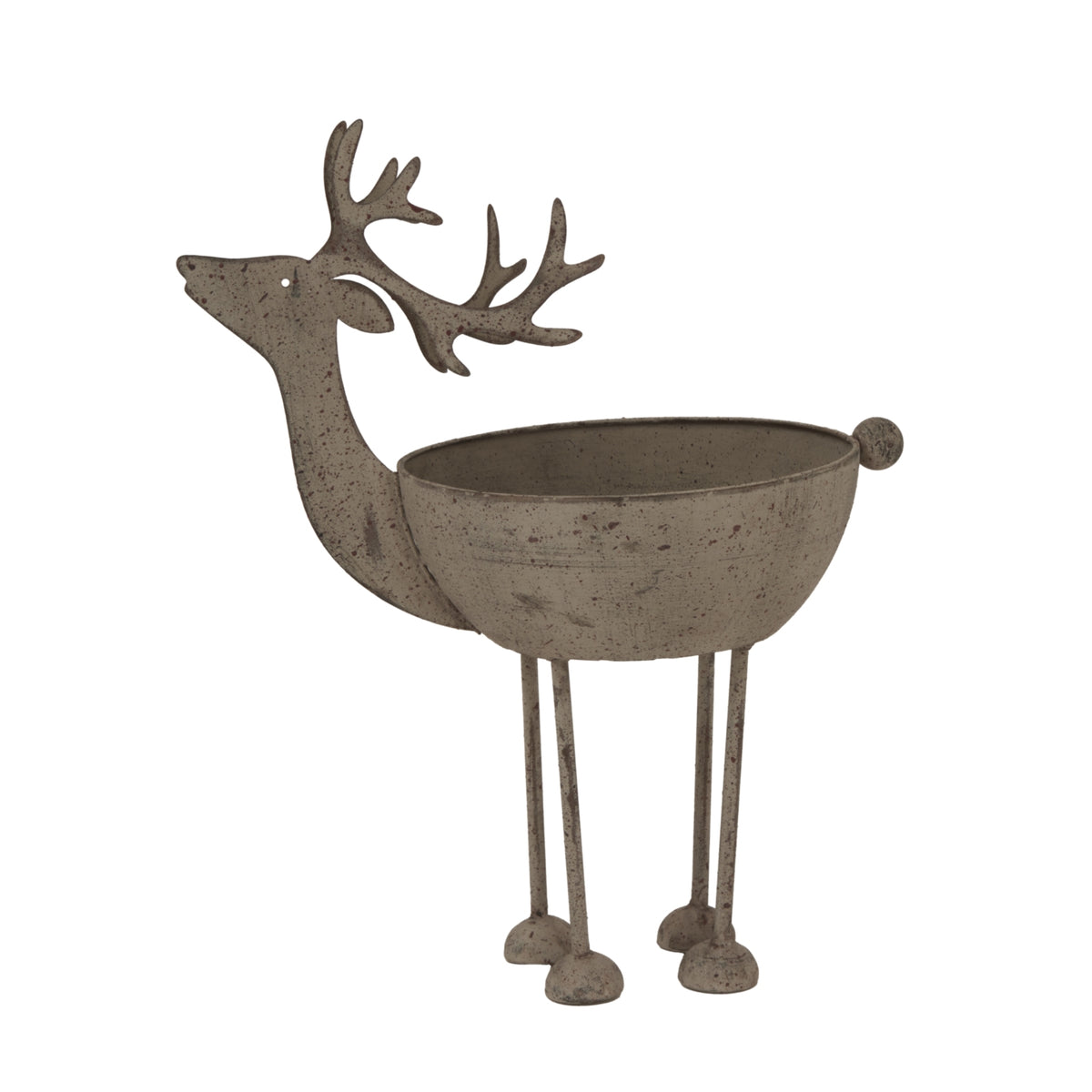 Pale, speckled reindeer-shaped bowl shown at an angle, with an empty rounded body, branching antlers, four long legs and a small round tail.