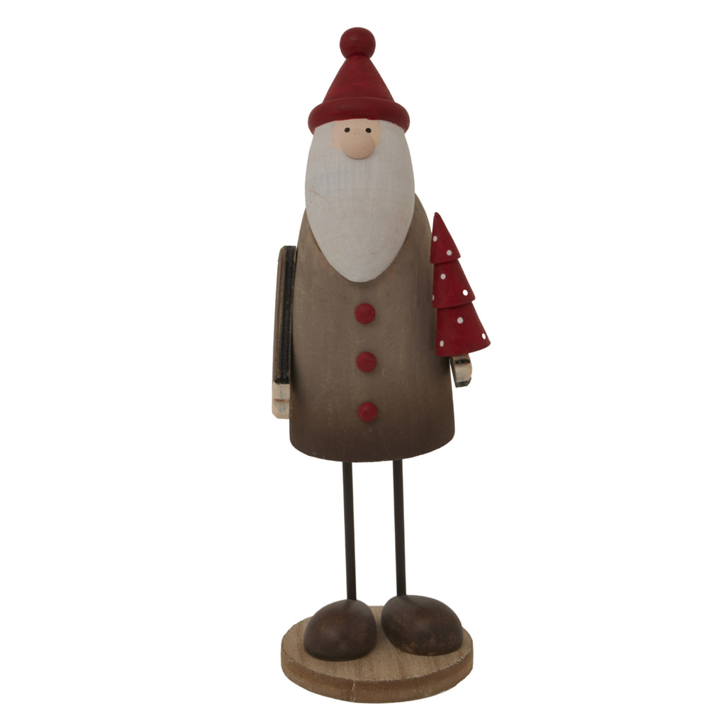 Front view of the Longlimb Santa Decoration with a red hat, white beard, three red coat buttons and long dark legs on a round base.