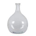 Transparent glass vase with a balloon-shaped body, flattened base, long narrow neck and thick rolled rim against a white background.