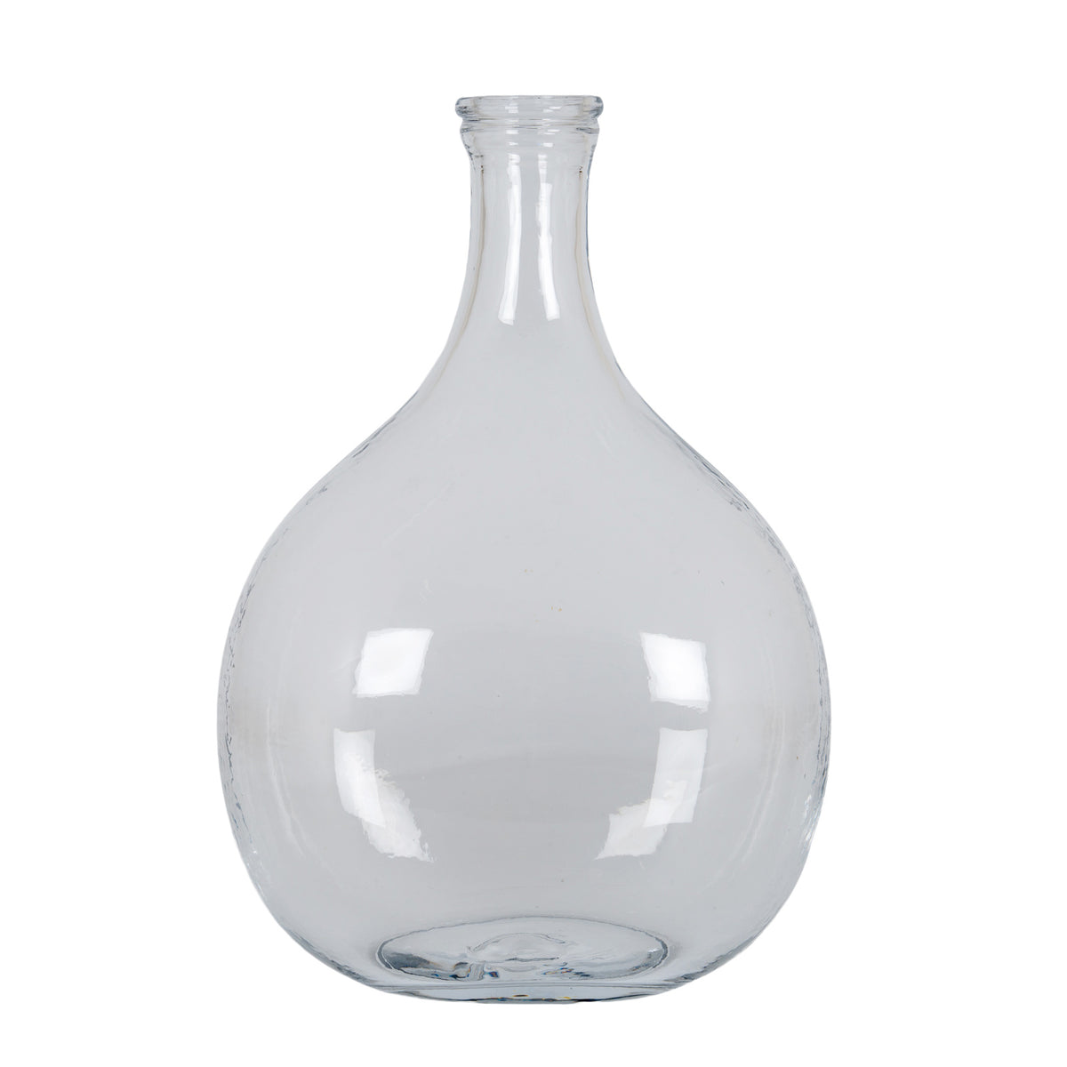 Transparent glass vase with a balloon-shaped body, flattened base, long narrow neck and thick rolled rim against a white background.