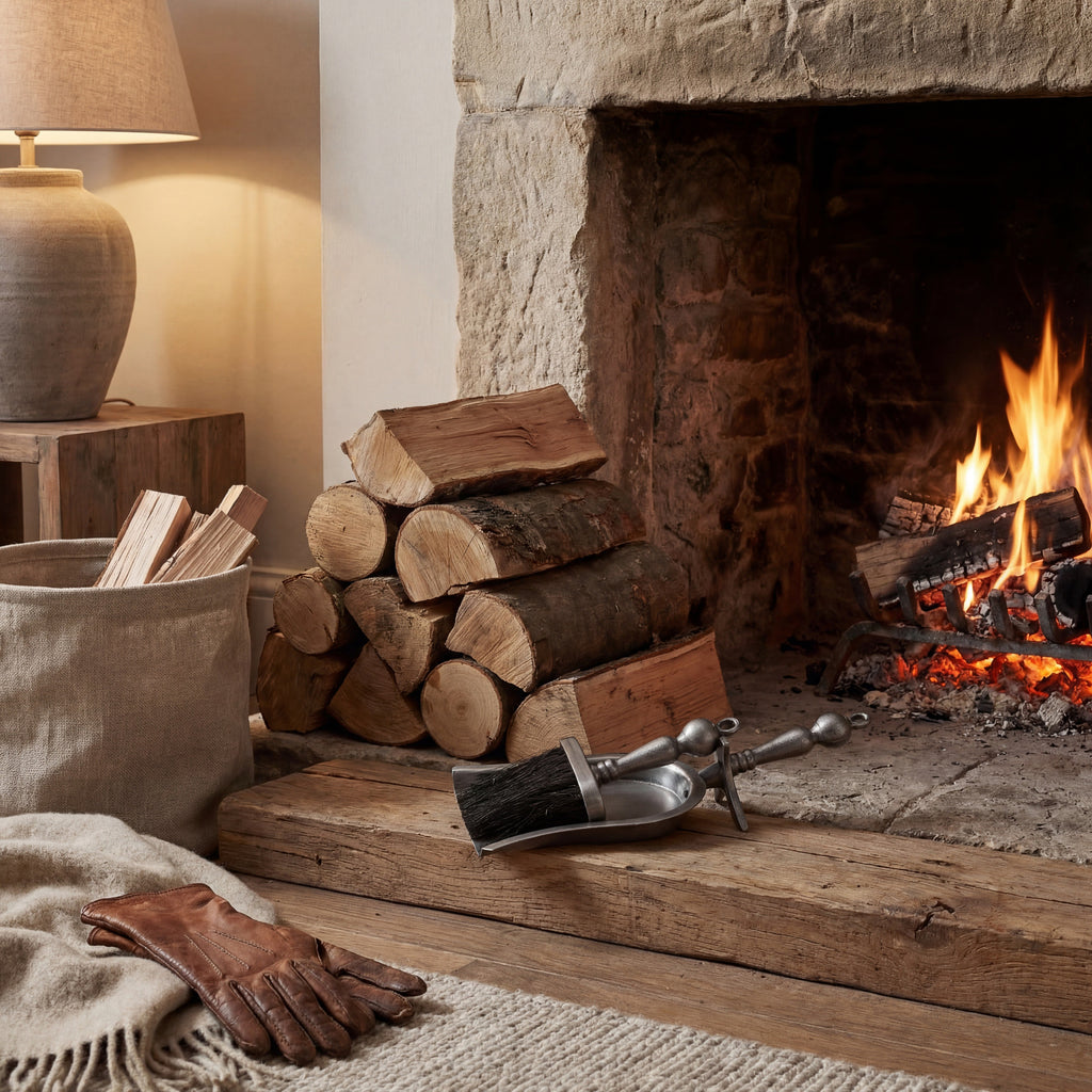 Silver-grey hearth brush and pan resting together beside stacked logs and a lit stone fireplace, with gloves and a blanket in the foreground.