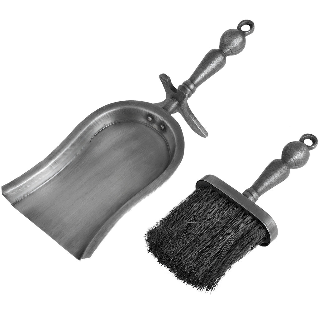 Hearth pan and brush shown separately on white, revealing the rounded pan rear, straight front edge and curved handle rest.