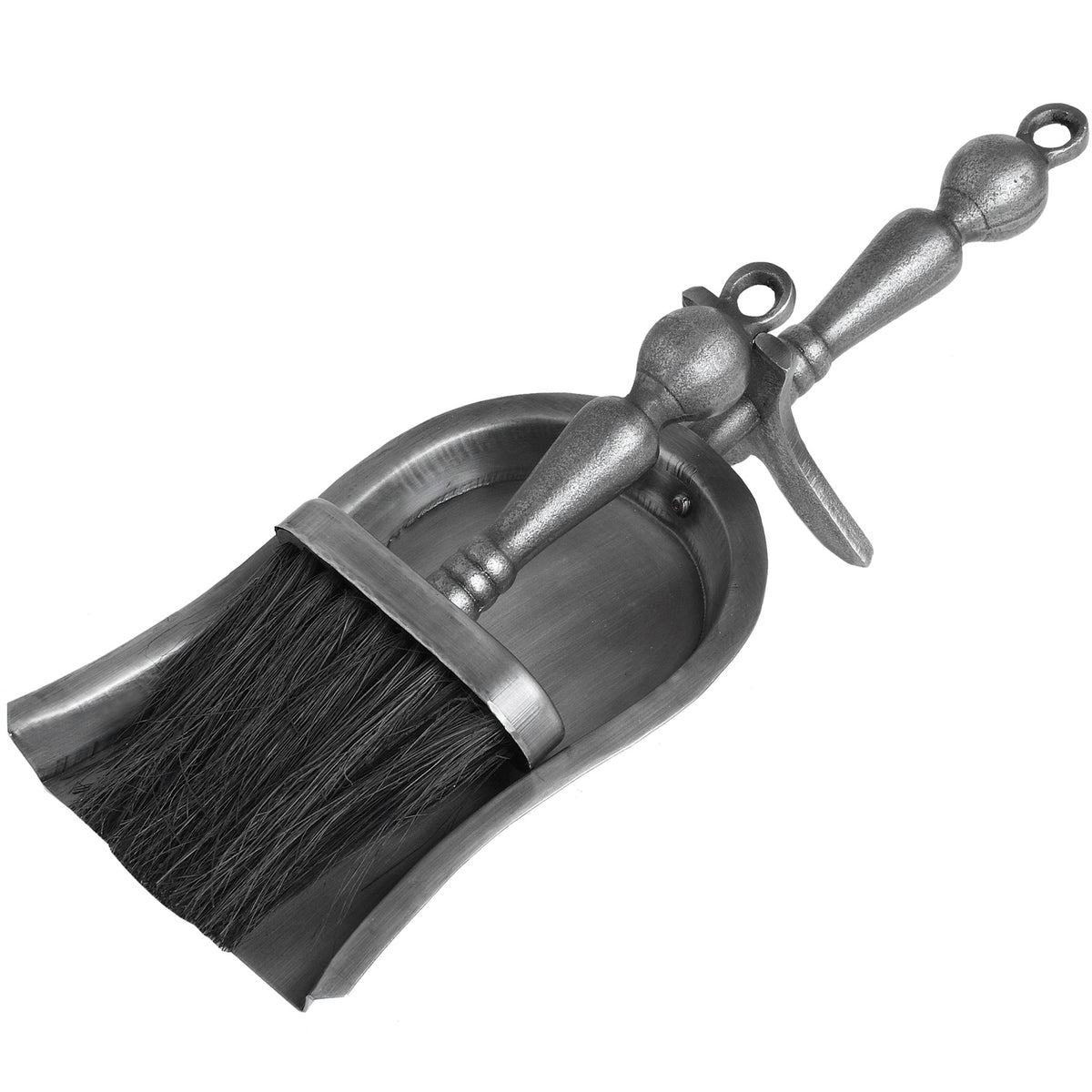 Hearth brush nested in a shallow silver-grey pan, showing dark bristles, baluster handles and circular hanging loops.