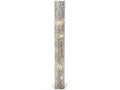 Illuminated silver-toned cylindrical floor lamp with an overlapping loop cage, fine chains inside and a circular base on a white background.