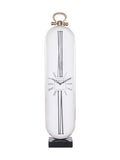 Front view of a tall oval clock with elongated Roman numerals, a silver-tone case, gold-tone top loop and black rectangular base.