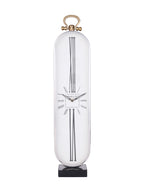 Front view of a tall oval clock with elongated Roman numerals, a silver-tone case, gold-tone top loop and black rectangular base.