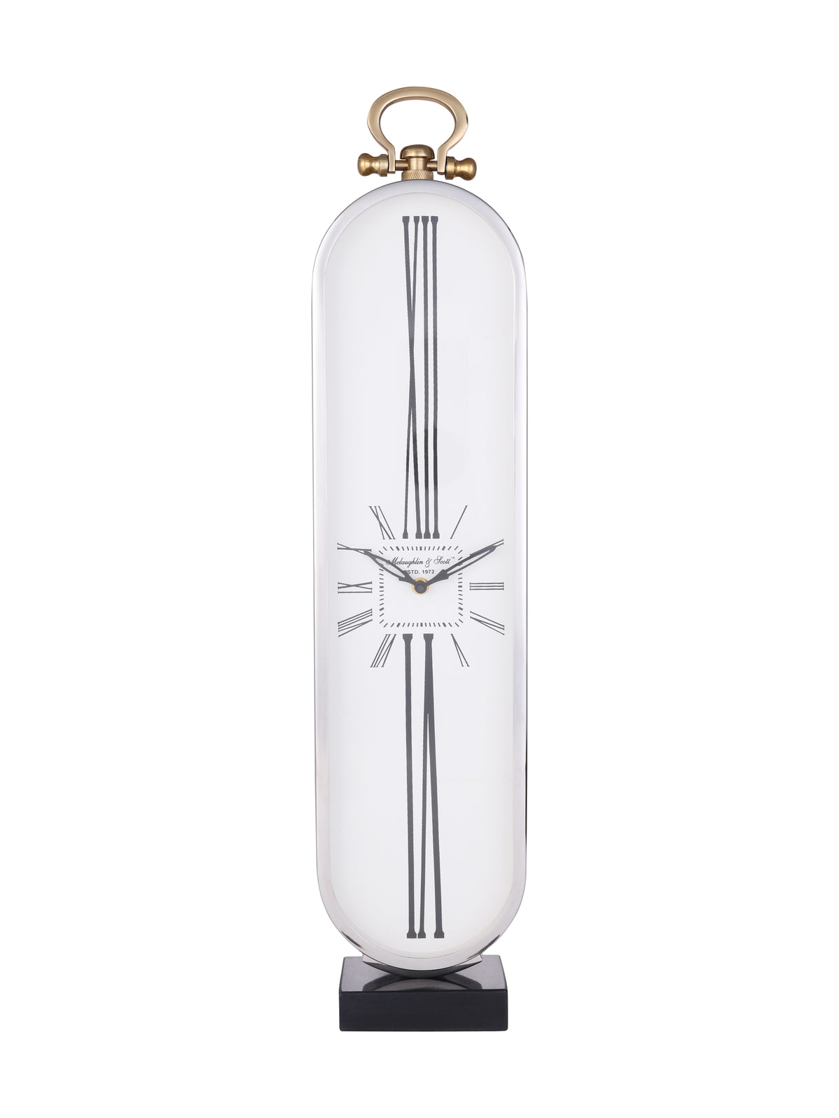 Front view of a tall oval clock with elongated Roman numerals, a silver-tone case, gold-tone top loop and black rectangular base.