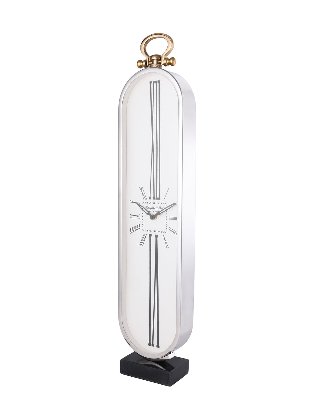 Angled view of the oval clock showing the depth of its polished silver-tone case and its black rectangular base.