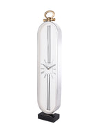 Angled view of the oval clock showing the depth of its polished silver-tone case and its black rectangular base.