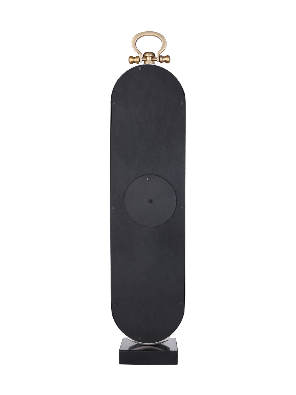 Rear view of the oval clock with a black back panel, circular cover, gold-tone top loop and rectangular base.