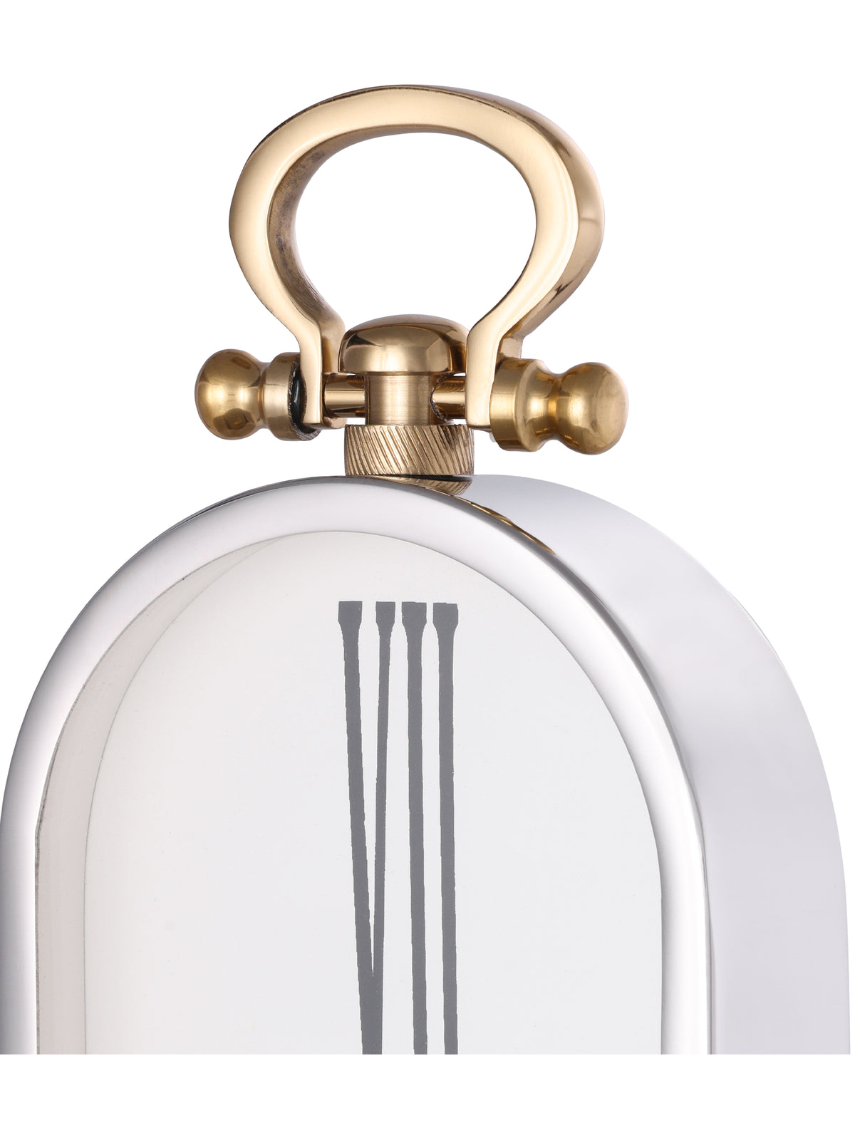 Close-up of the gold-tone loop and decorative top fitting above the clock's polished silver-tone rim.
