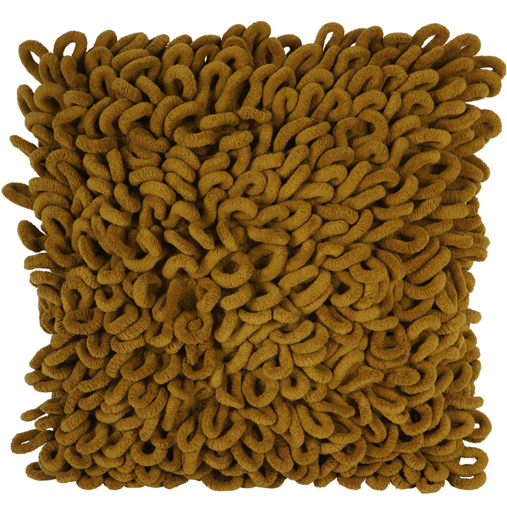 Front view of a square mustard-yellow cushion covered in thick curled loops against a white background.