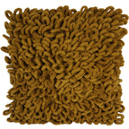 Front view of a square mustard-yellow cushion covered in thick curled loops against a white background.