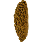 Side view of the mustard cushion showing the depth of its looped front and flatter fabric back.