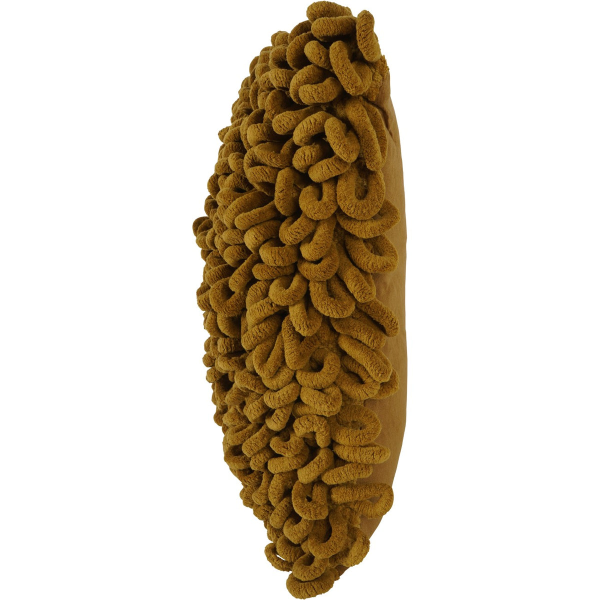 Side view of the mustard cushion showing the depth of its looped front and flatter fabric back.