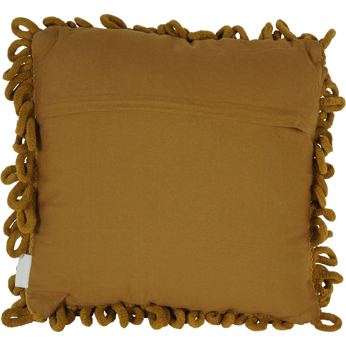 Plain mustard fabric reverse of the cushion, with an overlapping panel and curled loops visible around the edges.