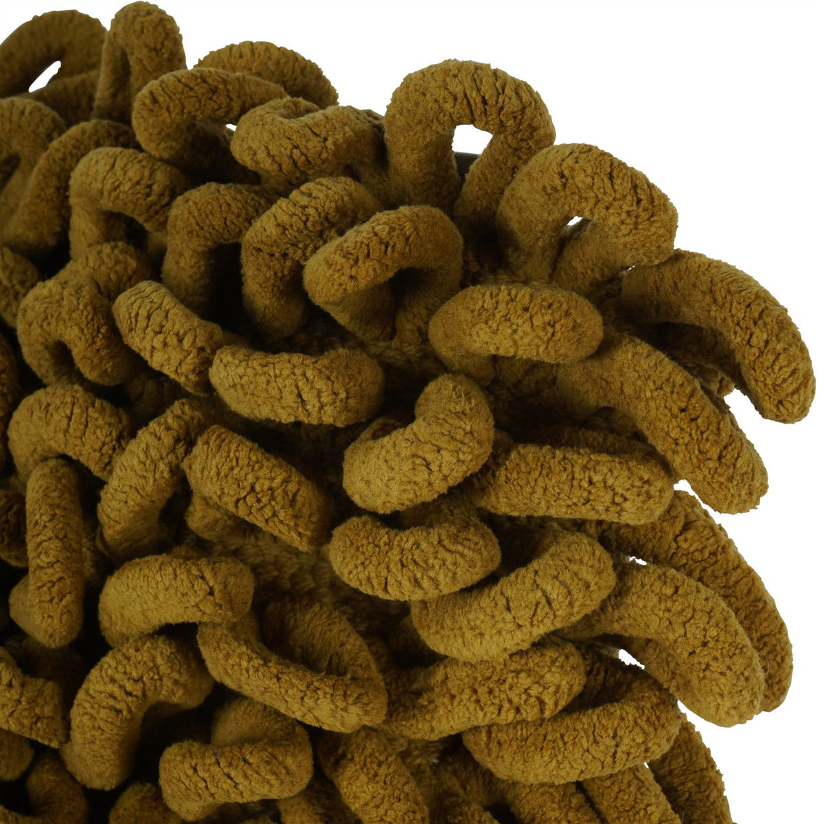 Angled close-up of thick mustard-yellow loops showing their textured surface and raised profile.