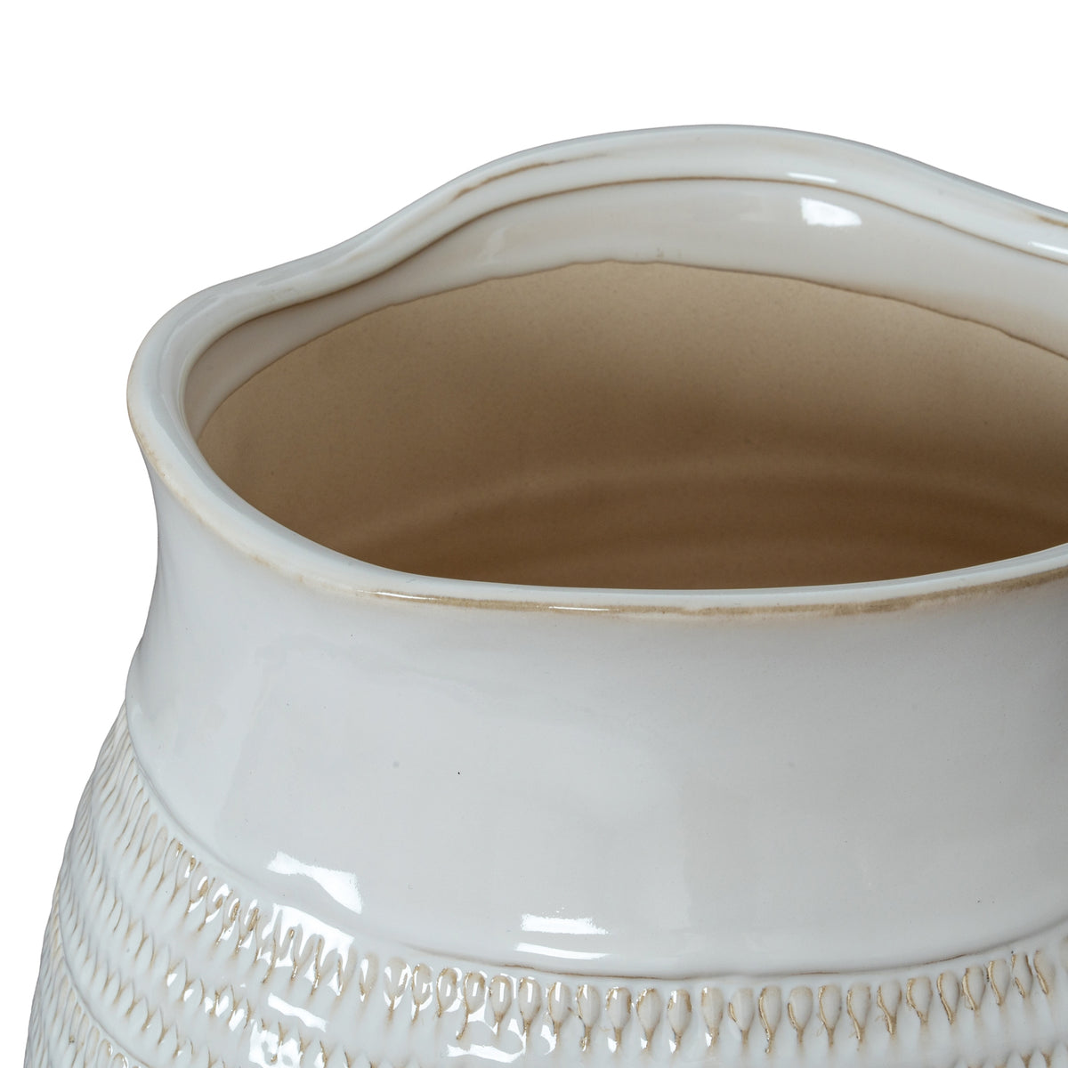 Close view looking into the vase's broad opening, showing a beige interior and glossy white wavy rim edged with beige.