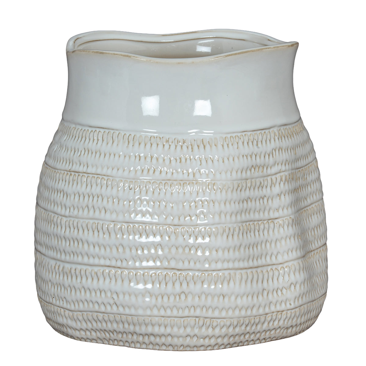 Alternate view of the rounded white vase, with its glossy patterned body and the uneven curve of its broad rim visible.