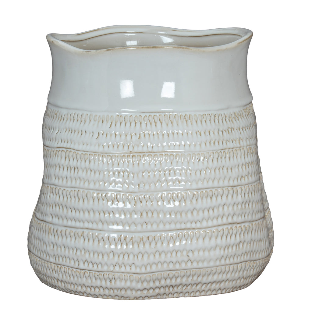 White vase on a white background, showing a wavy open rim, smooth upper band and horizontal rows of beige-accented loop impressions.