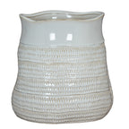 White vase on a white background, showing a wavy open rim, smooth upper band and horizontal rows of beige-accented loop impressions.