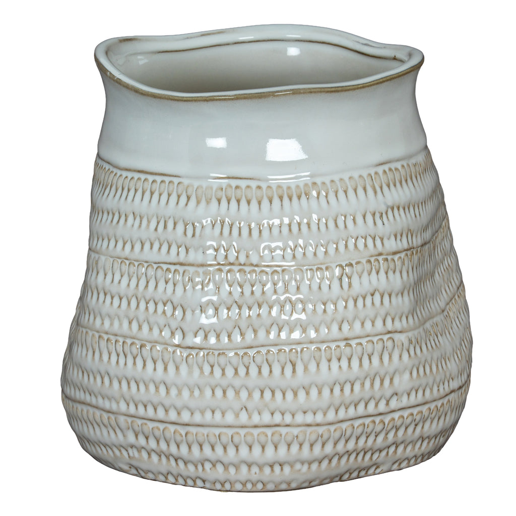 White Loopimpression Waverim vase with a broad rounded body, rows of beige loop impressions and an open wavy rim.