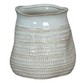 White Loopimpression Waverim vase with a broad rounded body, rows of beige loop impressions and an open wavy rim.