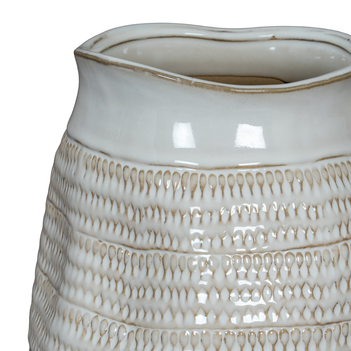 Detail of the vase's undulating rim above a smooth white band and repeated rows of recessed loop impressions.